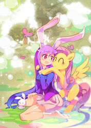  2girls angel_(my_little_pony) animal_ears blush bug butterfly chinese_commentary closed_eyes cloud commentary_request crossover curly_hair fluttershy_(mlp) heart highres long_hair multiple_girls my_little_pony my_little_pony:_friendship_is_magic open_mouth pegasus photoshop_(medium) pink_hair purple_hair rabbit_ears red_eyes reisen_udongein_inaba sidelocks sitting skirt smile socks touhou wariza wings xin_yu_hua_yin 