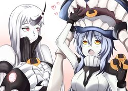  2girls abyssal_ship arm_up black_gloves blue_hair cape claws collar colored_skin colorized commentary detached_sleeves english_commentary food gloves glowing glowing_eyes hat headgear heart holding holding_food horns kantai_collection long_hair looking_at_another looking_up multiple_girls open_mouth pale_skin red_eyes seaport_princess single_horn sweatdrop teeth tentacle wangphing white_skin wo-class_aircraft_carrier yellow_eyes 