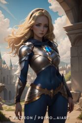  1girls 2:3 ai_generated armguard armor black_hairband blonde_hair blue_eyes bodysuit buildings clouds daytime female female_only hairband league_of_legends luxanna_crownguard navel_outline outdoors outside patreon_username primo_aiart shoulder_armor solo sorceress source_removed stable_diffusion 