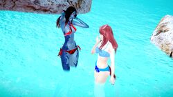  2girls 3d ahriva_feuerauge au_ra bikini black_hair black_scales cat_tail catgirl dark-skinned_female dark_blue_body dark_skin female female_only females final_fantasy final_fantasy_xiv ger&uuml;mpelkatze group miqo&#039;te multiple_females multiple_girls multiple_people red_hair riaykuras_playground scales sea self_upload swimwear xaela 