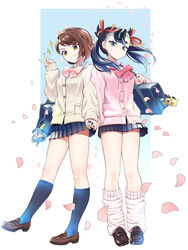  2girls bag bag_charm black_hair blue_eyes blue_skirt bow breasts brown_eyes brown_hair cardigan earclip female gloria_(pokemon) holding_hands human loafers looking_at_viewer marnie_(pokemon) morpeko nintendo painted_fingernails pale_skin pink_cardigan pokemon pokemon_ss safe_for_work school_bag school_uniform sfw shirt short_hair skirt small_breasts sobble socks tm_(hanamakisan) twintails white_cardigan white_shirt 