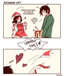  adorable blush blushing boyfriend-girlfriend christmas christmas_clothing christmas_hat christmas_headwear christmas_outfit christmas_present couple cute green_hoodie heart hearts hoodie implied_sex lenaaa lustful_gaze offscreen_sex present_box reindeer_antlers reindeer_horns ribbon ribbons romantic romantic_couple seductive_gaze self_insert wholesome 