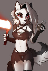  2022 absurd_res anthro biped black_collar bomb bottomwear breasts canid canid_demon cleavage clothed clothing collar crop_top demon ear_piercing ear_ring english_text explosives eyebrow_piercing eyebrow_ring facial_piercing female flare_(object) fur grey_background hair hellhound helluva_boss hi_res holding_bomb holding_object jesterwing looking_at_viewer loona_(helluva_boss) mammal midriff navel pentagram piercing ring_piercing shirt shorts simple_background solo spiked_collar spikes text topwear underwear white_body white_fur white_hair 