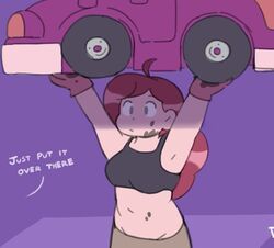  1girls bee_(bee_and_puppycat) bee_and_puppycat brown_hair car clothed dezz lifting lifting_car oil oil_on_face purple_car sports_bra super_strength 