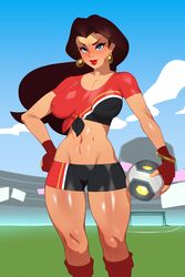  1girls absurd_res blue_eyes blush brown_hair combos-n-doodles earrings female female_only fingerless_gloves football_(ball) football_uniform long_hair looking_at_viewer mario_(series) mario_strikers nintendo pauline pauline_(mario) red_lipstick solo tagme 