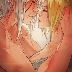  1boy 1boy1girl 1girls bare_shoulders big_breasts blonde_hair breasts couple face_to_face half-closed_eyes ilabarattolo imminent_kiss jiraiya looking_at_another looking_at_partner male/female naruto naruto_(series) naruto_shippuden no_bra off_shoulder open_clothes romantic_couple shounen_jump straight tsunade upper_body white_hair 