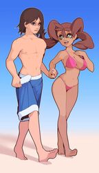  1boy1girl beach big_breasts bikini breasts calem_(pokemon) couple dark-skinned_female digital_media_(artwork) green_eyes happy_female holding_hands ice_cream muscular_male mystical open_mouth plantpenetrator pokemon shauna_(pokemon) teenager thighs wholesome young 