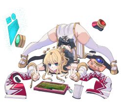  ass back_bow black_bow blonde_hair blue_eyes blush bow broken_halo brown_sandals closed_mouth commentary_request cup detached_sleeves disposable_cup double_v dress expressionless female full_body fur_collar halo jack-o&#039;_challenge long_hair looking_at_viewer nagifujisawa platform_sandals pointy_ears ragnarok_online sandals simple_background sleeveless sleeveless_dress solo sorcerer_(ragnarok_online) spread_legs thighhighs top-down_bottom-up v white_background white_dress white_sleeves white_thighhighs 