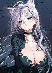  absurdres animal_ear_fluff animal_ears black_choker black_dress black_halo blue_archive blue_eyes breasts bright_pupils broken_halo choker cleavage closed_mouth commentary cross cross_hair_ornament dark_halo dress extra_ears female grey_hair hair_between_eyes hair_ornament halo highres inverted_cross large_breasts long_hair looking_to_the_side mismatched_pupils mn_(tk-xyz) shiroko_terror_(blue_archive) sky solo star_(sky) starry_sky white_pupils wolf_ears wolf_girl 