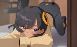  absurdres aged_up all_fours ass black_bodysuit black_hair black_shoes blurry blurry_background blush bodysuit bodysuit_under_clothes brown_jacket chair cowlick d_(delt4) dark-skinned_female dark_skin emma_(pokemon) female hair_between_eyes hair_ornament hands_on_ground highres indoors jacket latex latex_bodysuit looking_at_viewer parted_lips pokemon pokemon_legends:_z-a purple_eyes shadow shoes short_hair sidelocks solo swept_bangs top-down_bottom-up 