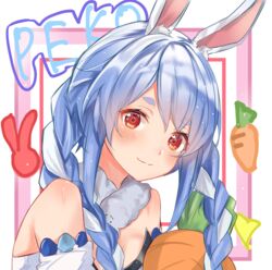  absurdres animal_ear_fluff animal_ears bad_id bad_pixiv_id bare_shoulders blue_hair blush braid breasts carrot_hair_ornament character_name cleavage don-chan_(usada_pekora) female food-themed_hair_ornament hair_ornament highres hololive long_hair looking_at_viewer multicolored_hair nono_i831 rabbit_ears rabbit_girl red_eyes simple_background small_breasts smile solo thick_eyebrows twin_braids twintails two-tone_hair usada_pekora usada_pekora_(1st_costume) virtual_youtuber white_background white_hair 