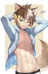  1boy ;d abs animal_ears arms_behind_head arms_up blue_eyes blue_jacket brown_background brown_hair collarbone commentary cowboy_shot dog_boy dog_ears dog_tail drawstring ear_piercing genshin_impact gorou_(genshin_impact) hair_between_eyes hair_ornament highres hood hood_down hood_up jacket long_sleeves long_torso looking_at_viewer male_focus multicolored_hair nasaniliu navel oerba_yun_fang one_eye_closed open_clothes open_jacket open_mouth pectorals piercing sidelocks signature smile solo standing stomach streaked_hair tail white_background white_hair 