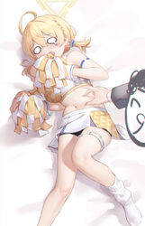  1boy absurdres ahoge bare_shoulders bike_shorts bike_shorts_under_skirt black_shorts blonde_hair blue_archive braid breasts cheerleader commentary_request crop_top doodle_sensei_(blue_archive) female halo highres holding holding_pom_poms kotori_(blue_archive) kotori_(cheer_squad)_(blue_archive) large_breasts lying midriff millennium_cheerleader_outfit_(blue_archive) miniskirt navel o_o official_alternate_costume on_side pleated_skirt plump pom_pom_(cheerleading) sensei_(blue_archive) short_hair short_twintails shorts shorts_under_skirt single_braid skirt socks soeyumi tears triangle_halo twintails two-tone_skirt white_skirt white_socks yellow_halo 