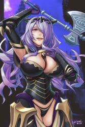  armor axe battle_axe black_armor black_panties breasts camilla_(fire_emblem) cleavage female fire_emblem fire_emblem_fates gloves hair_over_one_eye hybridmink large_breasts lips long_hair looking_at_viewer open_mouth panties purple_eyes purple_hair smile solo tiara underwear very_long_hair wavy_hair weapon 