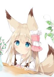  animal_ear_fluff animal_ears blue_eyes blush closed_mouth collared_shirt commentary_request female fox_ears fox_girl fox_tail hair_between_eyes hands_up highres kushida_you light_brown_hair long_hair original plant shirt simple_background solo suspenders tail upper_body vase white_background white_shirt 