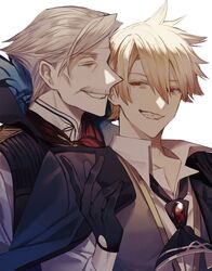  2boys albino_(a1b1n0623) arm_up bad_id bad_twitter_id blonde_hair collarbone collared_shirt facial_hair fate/grand_order fate/prototype fate/prototype:_fragments_of_blue_and_silver fate_(series) formal gloves gradient_hair grey_hair hair_between_eyes high_collar highres jacket jacket_on_shoulders james_moriarty_(archer)_(fate) jekyll_and_hyde_(fate) long_sleeves looking_at_another loose_necktie male_focus moustache multicolored_hair multiple_boys necktie no_eyewear open_clothes pointy_nose red_eyes shirt short_hair smile smirk suit untied vest white_background white_shirt 