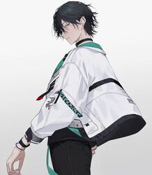  1boy absurdres arms_at_sides black_hair black_pants bracelet choker clothes_writing cowboy_shot ear_piercing from_side highres jacket jewelry kaoruko_(unkrk55) kimagure_project long_sleeves looking_at_viewer male_focus pants piercing profile puffy_long_sleeves puffy_sleeves short_hair sideways_glance simple_background solo virtual_youtuber watch white_background white_jacket wristwatch yoshida_roma 