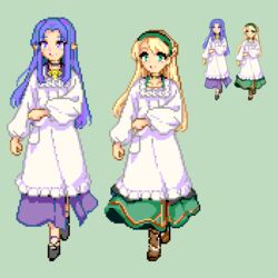  2girls apron black_footwear blonde_hair brown_footwear commentary_request dress emiya-san_chi_no_kyou_no_gohan fate/grand_order fate_(series) gerda_(fate) green_dress green_hairband hairband kappougi keykey117117 long_dress long_hair medea_(fate) multiple_girls pointy_ears purple_dress purple_eyes purple_hair smile standing 