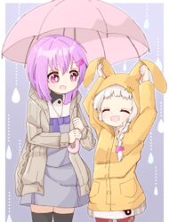  2girls a.i._voice animal_hood arms_up black_legwear blue_dress blunt_ends braid closed_eyes coat commentary dress hair_ornament happy height_difference highres holding holding_umbrella hood hood_up hooded_coat jacket kizuna_akari kizuna_akari_(tsubomi) light_purple_hair looking_at_another medium_hair multiple_girls ne_(dreamyee) open_mouth pantyhose pink_eyes pink_umbrella purple_hair rabbit_hood raincoat red_legwear side_braid simple_background single_braid smile standing sweater thick_eyebrows thighhighs umbrella voiceroid water_drop white_hair yellow_raincoat yuzuki_yukari yuzuki_yukari_(shizuku) 