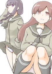  2girls akara_kai black_eyes black_hair black_neckerchief blunt_bangs braid brown_eyes brown_hair feet_out_of_frame green_sailor_collar green_serafuku green_shirt green_skirt hair_over_shoulder hair_ribbon highres kantai_collection kitakami_(kancolle) kitakami_kai_(kancolle) long_hair multiple_girls neckerchief ooi_(kancolle) ooi_kai_(kancolle) panties pantyshot parted_lips pleated_skirt ribbon sailor_collar school_uniform serafuku shirt sidelocks single_braid sitting skirt tress_ribbon underwear wind wind_lift 