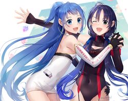  2girls alternate_costume artist_name azur_lane black_gloves black_hair blue_eyes blue_hair blush clothes_writing commentary commission cosplay covered_navel cowboy_shot duke_of_york_(azur_lane) duke_of_york_(azur_lane)_(cosplay) duke_of_york_(prestige_of_the_glorious_formula)_(azur_lane) elbow_gloves fingerless_gloves gloves green_eyes kantai_collection long_hair medara multiple_girls one_eye_closed open_mouth prince_of_wales_(azur_lane) prince_of_wales_(azur_lane)_(cosplay) prince_of_wales_(the_laureate&#039;s_victory_lap)_(azur_lane) race_queen samidare_(kancolle) signature skeb_commission smile suzukaze_(kancolle) 