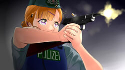  aiming blunt_bangs bulletproof_vest casing_ejection commentary_request east_german female firing garrison_cap gun hair_bun hair_ornament hairclip handgun hat highres mizuki_(mizuki_ame) orange_hair original partial_commentary photoshop_(medium) police police_uniform policewoman purple_eyes shell_casing short_hair single_hair_bun solo stechkin_aps uniform upper_body volkspolizei weapon 