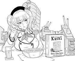  absurdres bb_(baalbuddy) beret bowl box breakfast breasts cereal cereal_box cup english_commentary english_text epaulettes frilled_sleeves frills glass greyscale hat highres kantai_collection kashima_(kancolle) kraft large_breasts monochrome neckerchief pun rigging spoon twintails wavy_hair 