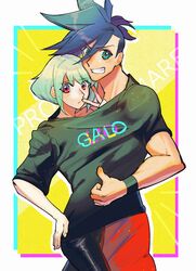  2boys androgynous black_pants black_shirt border character_name copyright_name galo_thymos green_hair grin highres lio_fotia lukiarab male_focus multiple_boys oversized_clothes oversized_shirt pants promare purple_eyes shared_clothes shared_shirt shirt short_hair smile thumbs_up v yaoi yellow_background 