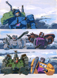  1980s_(style) 5boys aircraft angry arms_behind_head blade blast_off_(transformers) brawl_(transformers) broken broken_weapon cloud cloudy_sky combaticon cracking_knuckles damaged decepticon helicopter highres jeep marble-v mecha military military_vehicle motor_vehicle multiple_boys nervous nervous_smile no_humans onslaught_(transformers) purple_eyes red_eyes retro_artstyle robot rocket sky smile swindle_(transformers) tank transformers transformers:_generation_1 vortex_(transformers) weapon 