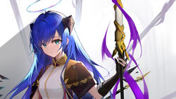  aqua_eyes arknights black_gloves black_wings blue_hair brown_capelet capelet closed_mouth cticket detached_wings elbow_gloves female gloves halo holding holding_staff horns lens_flare long_hair looking_at_viewer mostima_(arknights) mostima_(spellbreaker)_(arknights) official_alternate_costume partially_fingerless_gloves shirt solo staff upper_body white_shirt wings 