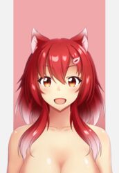  :d animal_ear_fluff animal_ears blush breasts cleavage collarbone commentary_request completely_nude female fox_ears gradient_hair grey_background hair_between_eyes hair_ornament hairclip long_hair looking_at_viewer medium_breasts multicolored_hair nude open_mouth original out-of-frame_censoring pink_background red_eyes red_hair shachoo. smile solo two-tone_background white_hair 