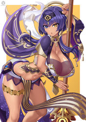  absurdres bad_anatomy blue_eyes blue_hair breasts candace_(genshin_impact) cleavage egyptian_clothes female genshin_impact heterochromia highres huge_breasts looking_at_viewer navel nez-box open_mouth paid_reward_available polearm revealing_clothes short_hair short_hair_with_long_locks solo staff_of_the_scarlet_sands_(genshin_impact) weapon yellow_eyes 