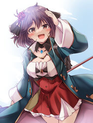  atelier_(series) atelier_sophie_2 backpack bag blue_coat breasts brown_eyes brown_hair cleavage coat collared_coat dress female head_scarf highres kurokaze_no_sora long_coat medium_breasts open_mouth red_skirt short_hair skirt smile solo sophie_neuenmuller 