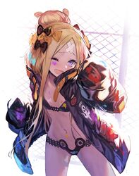  abigail_williams_(fate) abigail_williams_(swimsuit_foreigner)_(fate) abigail_williams_(swimsuit_foreigner)_(first_ascension)_(fate) abigail_williams_(traveling_outfit)_(fate) akieda bandaid bandaid_on_face bandaid_on_forehead belt bikini black_bikini black_bow black_jacket blonde_hair blue_eyes blush bow breasts chain-link_fence crossed_bandaids fate/grand_order fate_(series) female fence forehead hair_bun hairbow high_collar highres jacket long_hair long_sleeves multiple_hair_bows navel official_alternate_costume open_clothes open_jacket open_mouth orange_belt orange_bow parted_bangs single_hair_bun sleeves_past_fingers sleeves_past_wrists small_breasts smile solo swimsuit thighs 