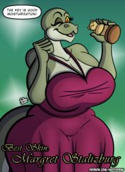  2020 anthro award award_ceremony big_breasts breasts cleavage clothed clothing countershading dialogue dress english_text female green_body hi_res huge_breasts looking_at_viewer margret_stalizburg mature_anthro mature_female non-mammal_breasts one_eye_closed reptile scalie sketchybug snake solo text thick_thighs trophy url wide_hips wink 