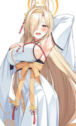  animal_ears armpits blonde_hair blue_archive breasts detached_sleeves eyes_visible_through_hair female hair_over_one_eye hairband halo hand_on_own_chest highres japanese_clothes kaho_(blue_archive) kimono long_hair looking_at_viewer mole mole_under_mouth open_mouth orange_hairband sideboob sideless_kimono solo super_nagoyaka sweat very_long_hair white_kimono white_sleeves yellow_eyes 