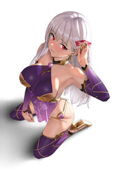  armlet armor armpits bare_shoulders bikini_armor blush bracelet breasts chela77 collar covered_navel detached_sleeves dress earrings fate/grand_order fate_(series) female floral_print hair_ribbon high_heels highres jewelry kama_(fate) kama_(second_ascension)_(fate) kneeling large_breasts long_hair looking_at_viewer metal_collar miniskirt parted_lips pelvic_curtain purple_dress purple_skirt purple_sleeves purple_thighhighs red_eyes ribbon ring sideboob skirt solo thighhighs thighlet thighs white_hair 