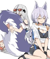  2girls animal_ears arknights bikini black_bikini black_footwear black_shorts braid breasts cleavage closed_eyes closed_mouth commentary crab eyewear_on_head grey_hair hair_between_eyes hair_ornament hip_vent hug hugging_another&#039;s_tail hugging_tail kumamoto_aichi long_hair medium_breasts multiple_girls official_alternate_costume provence_(arknights) provence_(casual_vacation)_(arknights) purple_hair red_eyes sandals shirt short_sleeves shorts skadi_(arknights) skadi_(waverider)_(arknights) sweat swimsuit tail tail_on_face whale_hair_ornament white_headwear white_shirt wolf_ears wolf_girl wolf_tail 