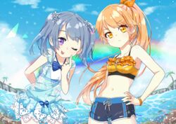  &gt;:( 2girls :p ;p absurdres arm_at_side arm_behind_back bikini bikini_shorts blue_bow blue_bowtie blue_hair blue_shirt blue_shorts blue_sky bow bowtie closed_mouth cloud coral cowboy_shot finger_to_cheek fish flower frilled_bikini frilled_shorts frills frown hair_flower hair_ornament hair_ribbon hand_on_own_hip highres jewelry kasane_ao kirari_hikaru long_hair magia_record:_mahou_shoujo_madoka_magica_gaiden mahou_shoujo_madoka_magica medium_hair megitti multiple_girls navel official_alternate_costume one_eye_closed orange_bracelet orange_hair orange_ribbon outdoors ponytail purple_eyes rainbow ribbon ring see-through see-through_shirt shirt short_shorts shorts sidelocks sky sleeveless sleeveless_shirt striped_bow striped_bowtie striped_clothes swept_bangs swimsuit tongue tongue_out twintails v-shaped_eyebrows very_long_hair water white_bikini white_shorts yellow_bikini yellow_eyes zipper_bikini 