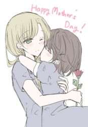  1_x_1/2 2girls 66ta1yak1 blonde_hair blush brown_hair closed_mouth commentary_request dress english_text flower from_side green_eyes highres holding holding_flower hug kissing long_hair morii_asuka morii_ayako mother&#039;s_day mother_and_daughter multiple_girls one_eye_closed simple_background smile white_background 