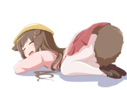  all_fours animal_ears ass azur_lane black_footwear blush brown_hair closed_eyes commentary_request crescent crescent_hair_ornament dog_ears dog_tail female fumizuki_(azur_lane) hair_ornament hairclip hat legs long_hair mary_janes open_mouth pantyhose pink_shirt pink_skirt school_hat school_uniform shirt shoes simple_background skirt sleeping solo tail thighs top-down_bottom-up toro_yurei white_background white_pantyhose yellow_hat 