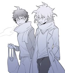  2boys absurdres bag breath casual coat commentary_request cowboy_shot danganronpa_(series) danganronpa_2:_goodbye_despair denim hand_in_pocket highres hinata_hajime holding holding_bag jacket jeans komaeda_nagito long_sleeves lower_teeth_only male_focus messy_hair monochrome multiple_boys open_clothes open_coat open_mouth pants scarf shirt short_hair teeth ziling 