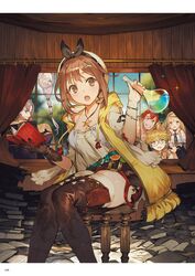  3boys 3girls :o against_glass ahoge armor atelier_(series) atelier_ryza atelier_ryza_1 bare_shoulders belt blonde_hair book book_stack boots bracelet braid breasts brown_eyes brown_footwear brown_gloves brown_hair cleavage clenched_hands curtains drawstring empel_vollmer feet_out_of_frame flask glasses gloves grey_hair grin hair_ornament hair_ribbon hairclip hat highres holding holding_book holding_flask hood hood_down hooded_vest hoodie indoors jewelry klaudia_valentz knees_together_feet_apart lent_marslink lila_decyrus long_hair looking_at_viewer looking_inside mouth_hold multiple_boys multiple_girls necklace official_art open_mouth pantyhose peeping pouch red_hair red_shorts reisalin_stout ribbon round-bottom_flask round_eyewear short_hair short_shorts shorts shoulder_armor single_glove sitting smile sparkle star_(symbol) star_necklace stool tao_mongarten thighhighs thighhighs_under_boots thighs too_many too_many_books toridamono upside-down vest white_legwear window 