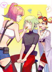  1boy 2girls aina_ardebit androgynous bandeau black_bra black_shirt blonde_hair blue_eyes border bra chair closed_eyes crop_top denim denim_shorts goggles goggles_on_head gradient_background green_hair heart highres lab_coat lio_fotia lucia_fex lukiarab midriff multiple_girls open_mouth pants pink_hair plaid plaid_skirt promare red_pants shirt short_hair short_shorts shorts sidelocks sitting skirt strapless sweatdrop thighhighs tube_top underwear white_border 