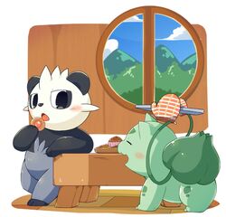  2020 ambiguous_gender anthro bulbasaur cupcake day duo feral food furniture generation_1_pokemon generation_6_pokemon hi_res nintendo open_mouth pancham pokemon pokemon_(species) table tatu_wani_(artist) window 