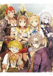  3boys 3girls ahoge armor atelier_(series) atelier_ryza atelier_ryza_1 bare_shoulders belt blonde_hair book boots bracelet braid breasts brown_eyes brown_gloves brown_hair cleavage empel_vollmer freckles glasses gloves grey_hair grin hair_ornament hair_ribbon hairclip happy hat highres holding holding_book hood hood_down hooded_vest hoodie jewelry klaudia_valentz lent_marslink lila_decyrus long_hair looking_at_viewer monocle multiple_boys multiple_girls necklace official_art open_mouth red_hair red_shorts reisalin_stout ribbon round_eyewear short_hair short_shorts shorts shoulder_armor single_glove smile star_(symbol) star_necklace tao_mongarten thighhighs thighhighs_under_boots toridamono vest white_legwear window 