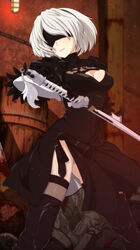  2b_(nier:automata) absurdres ada_badguy back_cutout black_blindfold black_dress black_gloves black_hairband blindfold boots cleavage_cutout clothing_cutout covered_eyes dress feather-trimmed_sleeves female gloves hairband highres holding holding_sword holding_weapon juliet_sleeves leotard long_sleeves nier:automata nier_(series) puffy_sleeves solo sword thigh_boots weapon white_hair white_leotard 