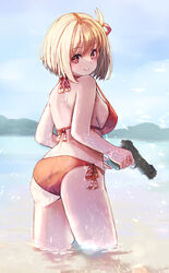  ass bad_id bad_pixiv_id bikini blonde_hair blue_sky bob_cut breasts cloud day female gun hair_ribbon handgun highres holding holding_gun holding_weapon kamome_(aiou0413) looking_back lycoris_recoil m1911 mountainous_horizon nishikigi_chisato outdoors red_bikini red_eyes red_ribbon ribbon short_hair side-tie_bikini_bottom sky solo swimsuit wading water weapon 