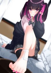  absurdres arm_support bandaged_leg bandages barefoot black_hair black_thighhighs blurry blurry_background blush closed_mouth commentary_request dutch_angle feet female foot_focus foot_up foreshortening godai_01 grey_skirt hand_on_own_face highres knee_up leaning_to_the_side legs long_hair looking_at_viewer multicolored_hair nail_polish original pink_eyes pink_nails pink_shirt pleated_skirt presenting_foot print_skirt school_uniform shirt single_thighhigh sitting skirt solo sprain streaked_hair thighhighs thighs toenail_polish toenails toes twintails 