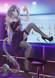  2020 5_fingers anthro arryn_(sorellia) breasts clothing digital_media_(artwork) dress equid equine etskuni eyebrows eyelashes female fingers footwear grey_hair hair hi_res high_heels horn looking_at_viewer mammal mythological_creature mythological_equine mythology purple_eyes sitting smile solo unicorn uniron 